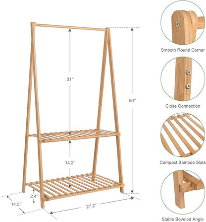 Small Clothes Rack Kids Dress Up Storage for Playroom, Toddlers Bedroom, Bamboo Child Garment Rack with 2 Tier Storage Shelf, Kids Clothing Rack Costumes Organizer