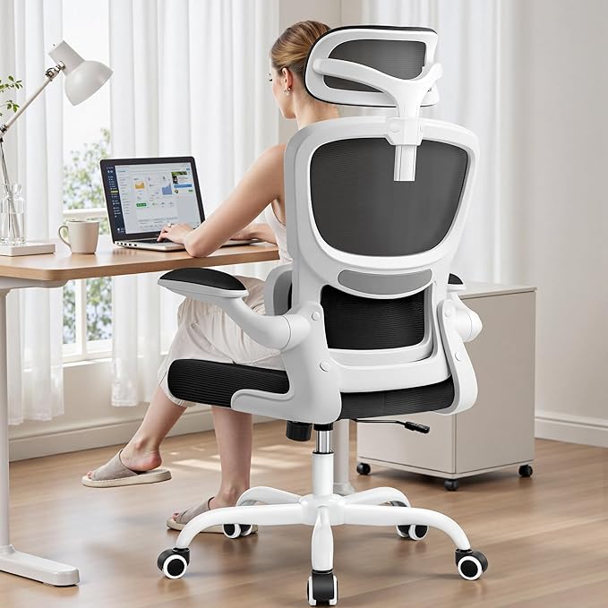 High Back Ergonomic Office Chair, Breathable Mesh Desk Chair with Lumbar Support, Adjustable Headrest, Flip-up Armrests, Computer Gaming Chair, (White, 1Pack)