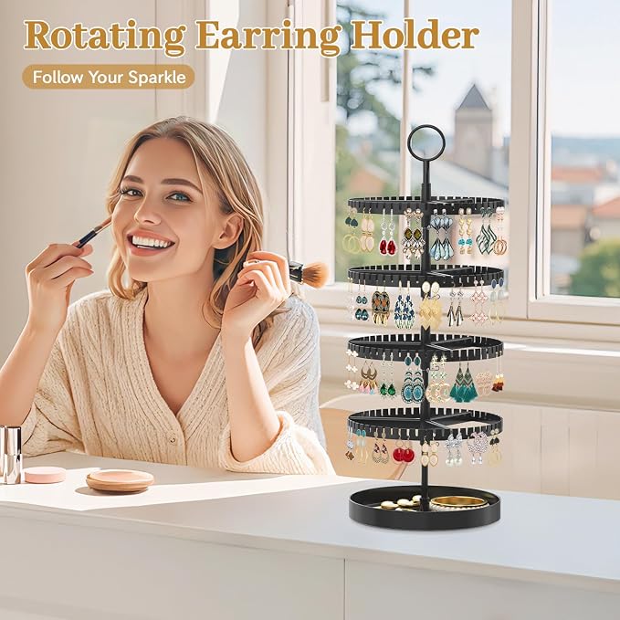 MODOWEY 4 Tier Rotating Earring Holder Organizer Display Tree with Metal Tray, Adjustable Plastic Stand with 228 Slots for Stud Hoop Hanger, Large Capacity Storage Rack for Women Space Saving, Black