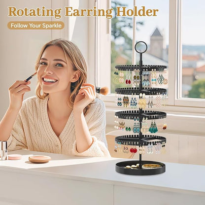 MODOWEY 4 Tier Rotating Earring Holder Organizer Display Tree with Metal Tray, Adjustable Plastic Stand with 228 Slots for Stud Hoop Hanger, Large Capacity Storage Rack for Women Space Saving, Black