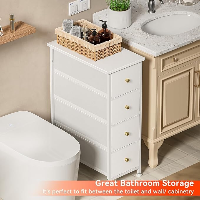Narrow Dresser Storage Tower with 4 Drawers, Vertical Slim Dresser Chest of Drawers Skinny Storage Tower for Small Spaces Gaps Closet Bedroom Bathroom Small Fabric Drawer Unit (White)