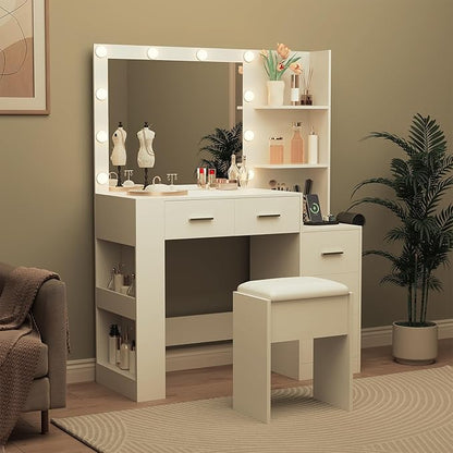 Garvee 41" Large Vanity Desk with 10-Bulb Mirror and Built-in Outlets - Makeup Vanity Desk with 3 Color Lighting Modes and 5 Drawers - Dressing Table with Soft Cushioned Stool for Bedroom