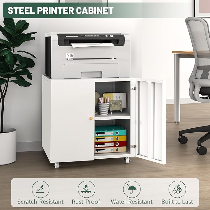 TEEALUBAN Printer Stand with Storage Cabinet with Wheels,3D Heavy Duty Metal Large Printer Table with Adjustable Shelf for Home Office, Mobile Printer Cart,White,23.62" H