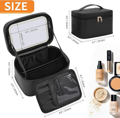 Makeup Bag With LED Mirror, Lightweight Travel Makeup Bag With 3 Color Setting Light Up Mirror Cosmetic Makeup Organizer Vanity Case for Women Beauty Tools Accessories Rechargeable Train Case-Black