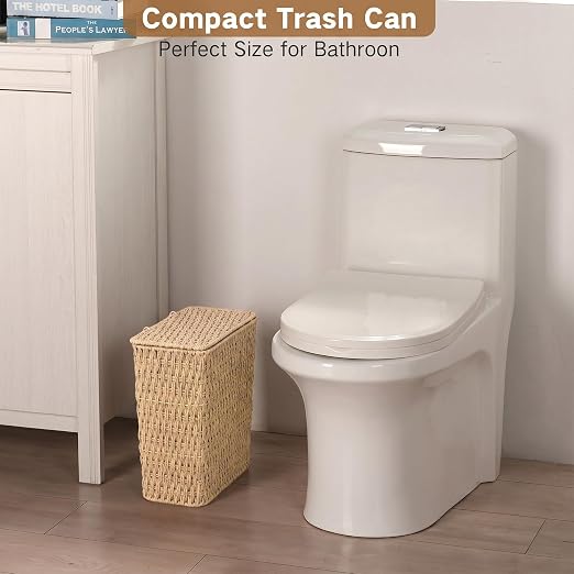iEGrow Paper Rope Trash Can,Bathroom Trash Can with Lid, 3 Gallon Wicker Waste Basket with Removable Liner, for Bedroom, Living Room, Toilet, Under Sink Natural