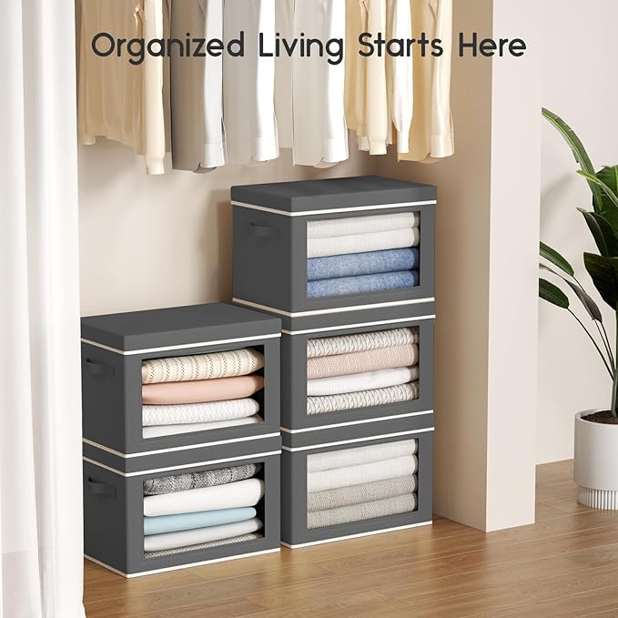 Collapsible Storage Bins with Lids - Stackable Storage Containers with Window, 3 Pack Fabric Bins for Closet, Home & Office Organization Baskets, Dark Gray, 14.9" x 9.8" x 9.8"