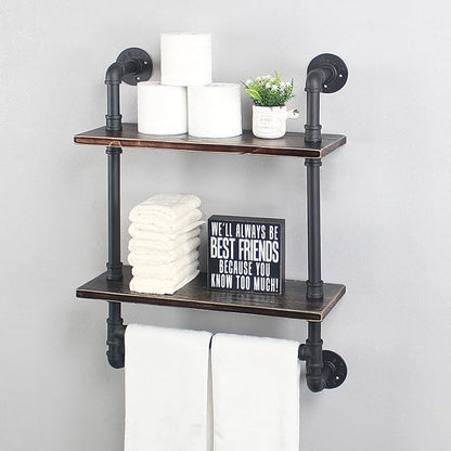 Industrial Pipe Shelf Bathroom Shelves Wall Mounted,19.6in Rustic Wood Shelf with Towel Bar,2 Tier Farmhouse Towel Rack Over Toilet,Pipe Shelving Floating Shelves Towel Holder,Retro Black