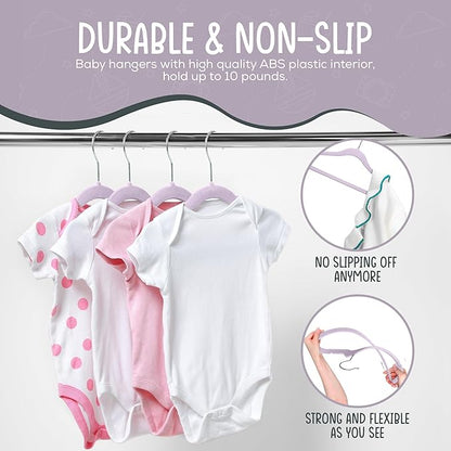 50 Premium Velvet Baby Hangers 11.8" Inch Non-Slip Infant, Ultra Slim Space-Saving Children Closet Hangers, 360° Swivel Hook, Strong & Durable Baby Toddler Kids Clothes Hanger, Purple