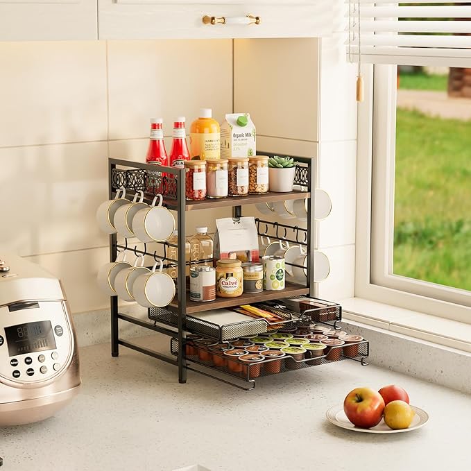 Coffee Bar Organizer, 4 Tier Coffee Station Organizer for Countertop, 30 K Cup Pod Drawer, Mug Cup Holder Stand With 12 Hooks, Multifunctional K Pods Shelf Storage Holder Drawer