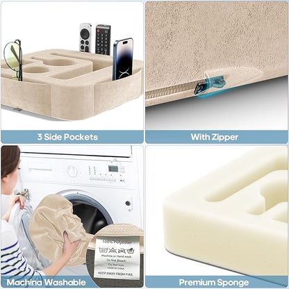 Couch Cup Holder Pillow, Sofa and Bed Caddy for iPad, Kindle, Switch, Game Controller, Remotes, Phones, Small-Sized Cup and Drink Holder for Couch, Bed, Desk, Car, Beach, Bathroom Cup Holder, Khaki