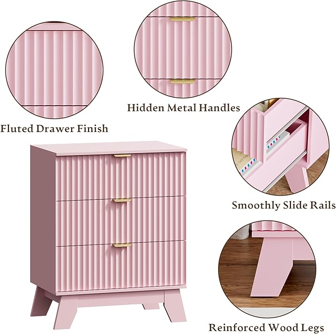Fluted 3 Drawer Dresser for Bedroom, Mid Century Modern Night Stand with Metal Handle, Wooden Beside Table with 3 Drawers End Table for Living Room, Closet, Entryway, Pink
