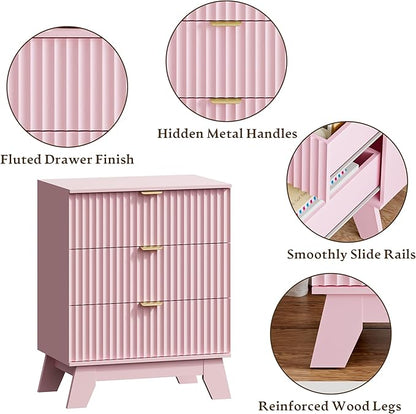 Fluted 3 Drawer Dresser for Bedroom, Mid Century Modern Night Stand with Metal Handle, Wooden Beside Table with 3 Drawers End Table for Living Room, Closet, Entryway, Pink