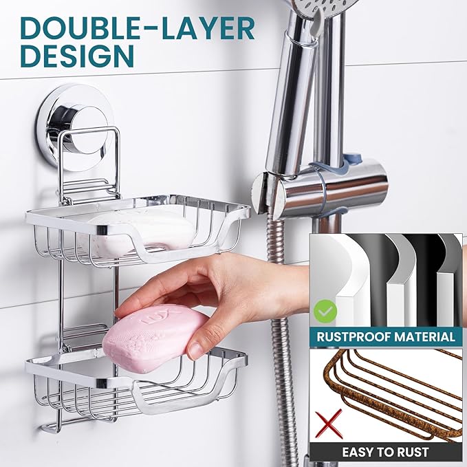 TAILI Double Layer Soap Holder, Drill-Free Bar Soap Dish Tray Suction Cup, Draining for Shower Wall, Bath Storage, Rustproof Stainless Steel Sponge Holder for Tub, Kitchen, Silver
