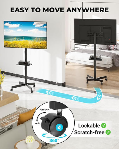 BONTEC Rolling TV Stand with Tilt, Mobile TV Stand Wheels for 23–65 Inch LED LCD TVs, Portable TV Cart with Adjustable Shelf for Living Room, Bedroom, Outdoor TV Stand Holds 88 lbs, Max VESA 400x400mm