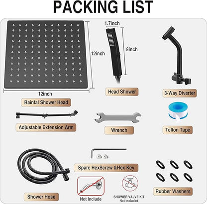 All Metal 12 Inch Rain Shower Head with Handheld Built-in Power Wash Mode, High Pressure Waterfall Rainfall Square Shower Heads with 16" Adjustable Extension Arm, Dual Showerhead, Matte Black