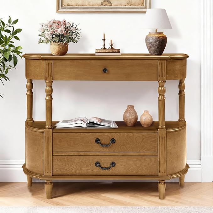43" Retro Curved Console Table with Drawers, Solid Wood Half Moon Console Table Entry Sofa Table with Storage with Solid Pine Roman Legs Open Shelf for Small Spaces Living Room,Brown