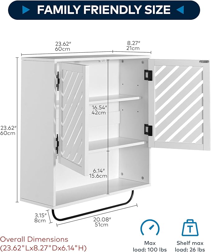 Wall Mounted Bathroom Cabinet with Openwork Doors and Towel Bar, Extra Deep Over The Toilet Storage, Waterproof Farmhouse Medicine Cabinet for Bathroom, Laundry Room (23.6"x8.3"x23.6", White, 2PCS)