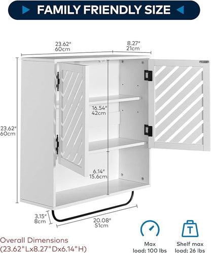 Wall Mounted Bathroom Cabinet with Openwork Doors and Towel Bar, Extra Deep Over The Toilet Storage, Waterproof Farmhouse Medicine Cabinet for Bathroom, Laundry Room (23.6"x8.3"x23.6", White, 2PCS)