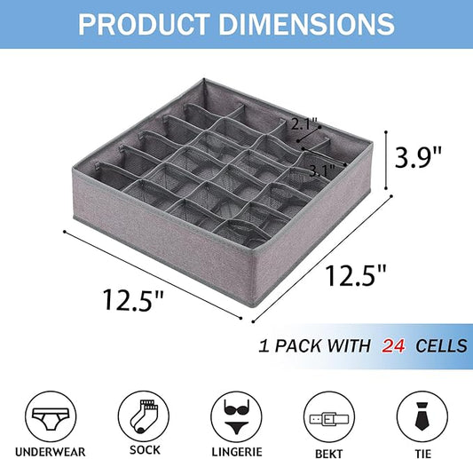 Foldable Storage Cubes Drawer Underwear Organizer Dividers， under Cabinet Organizer 24-Cell Fabric Storage Boxes for Lingerie,Socks,Ties （Grey）