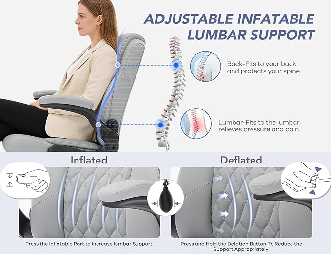 Office Chair with Adjustable Inflatable Lumbar Support,Leather Ergonomic Computer Desk Chair with Flip-up Arms,Adjustable Tilt Lock,Swivel Rolling Executive PC Chair for Work,Study,Meeting.Grey