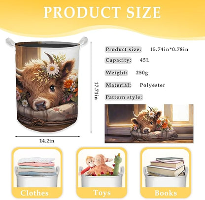 Highland Cow Laundry Basket, Farmhouse Floral Western Cow Waterproof Collapsible Laundry Hamper Dirty Clothes Storage Toy Bin Organizer for Nursery Girls Kids Room Bathroom Bedroom