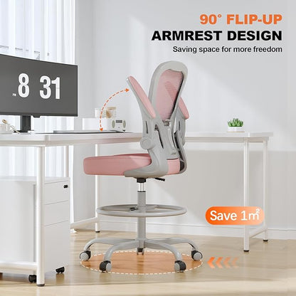 Ergonomic Drafting Chair, Tall Office Chair with Flip-up Armrests, Breathable Mesh High Desk Chair with Lumbar Support Adjustable Footrest Ring for Standing Desk Pink