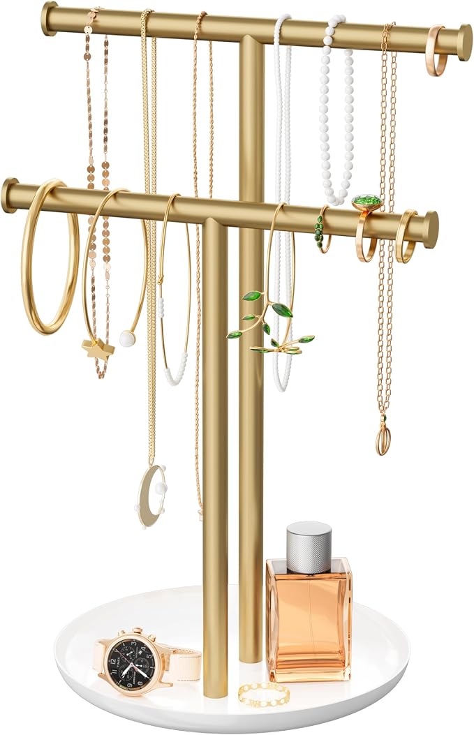 Gold Necklace Rack Stand with Storage Tray - 2 Rods T-Shaped Jewelry Holder Stand for Bracelets, Earrings, Rings | Elegant Vanity & Dresser Top Storage for Women.