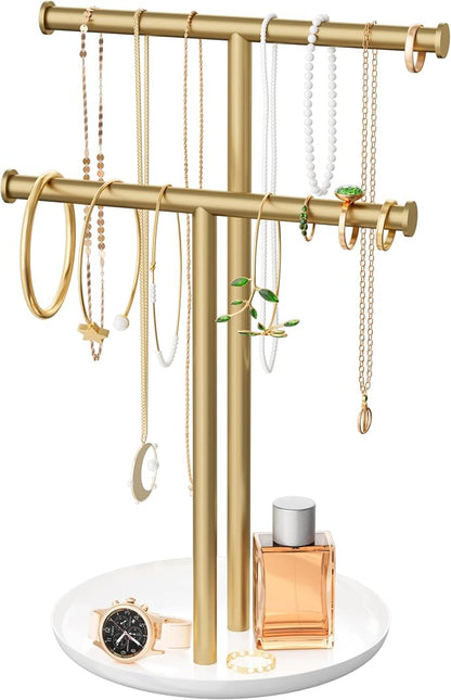 Gold Necklace Rack Stand with Storage Tray - 2 Rods T-Shaped Jewelry Holder Stand for Bracelets, Earrings, Rings | Elegant Vanity & Dresser Top Storage for Women.