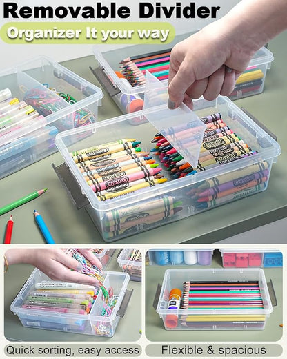 GEOPHIA 12 Pack Extra Large Pencil Box with Removable Divider, Thickened Pencil Case Bulk, Clear Crayon Marker Organizer Stackable Plastic Small Storage Containers for Pen Craft School Supplies(Grey)