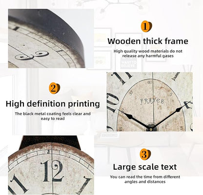 MODE HOME Large French Country Oval Wall Clock for Living Room Decor, 18 x 29 Inch Rustic Farmhouse Wall Clock Decorative, Solid Wood Frame with Iron Hanging Ring, Silent Non-Ticking Battery Operated