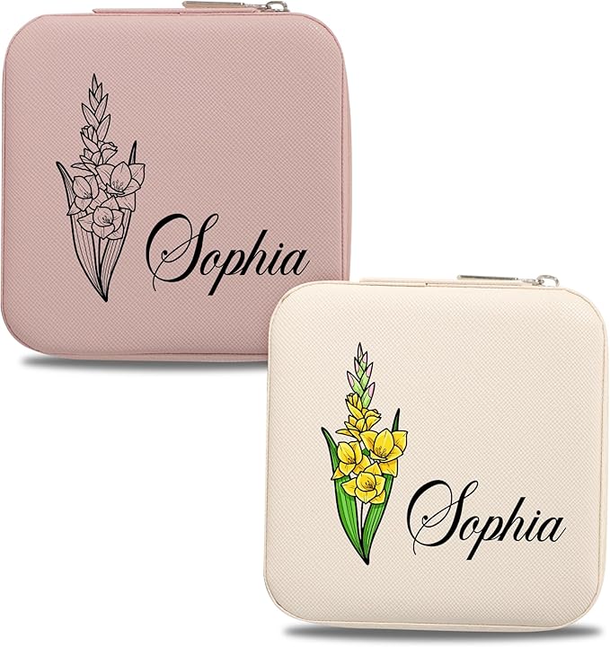Custom Leather Jewelry Organizer Box with Name & Birth Flower – Personalized Travel Jewelry Case, Small Travel Jewelry Case, Birthday Gift for Women, Bridesmaid Proposal (Flower 2)