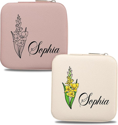 Custom Leather Jewelry Organizer Box with Name & Birth Flower – Personalized Travel Jewelry Case, Small Travel Jewelry Case, Birthday Gift for Women, Bridesmaid Proposal (Flower 2)