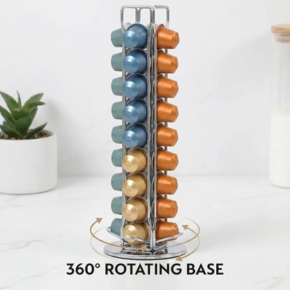 Rotating Coffee Pod Holder for Nespresso OriginalLine, 360° Swivel Coffee Capsule Carousel Storage Organizer for 40 Capsules, Compact Vertical Nespresso Capsule Stand Fits Countertop & Coffee Bar, Silver