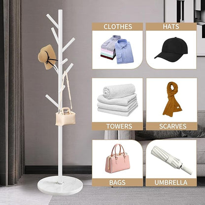 Metal Coat Rack Stand, Modern Freestanding Coat Rack with Natural Marble Base, Coat Racks and Coat Hall Tree Hanger Stand for Entryway, Hallway, Office (8 HOOKS-White)