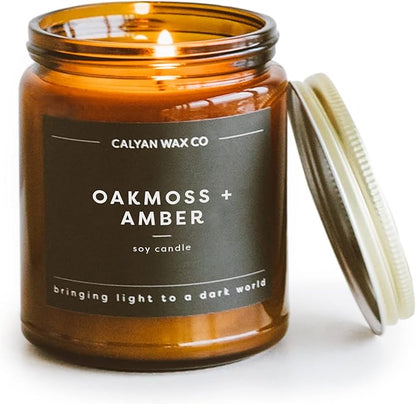 Calyan Wax Co. Oakmoss & Amber Scented Candle - 57 Hour Burn - Luxury Non Toxic Soy Wax Candles - Long Lasting Amber Glass Jar Candle for Home - 7.2oz
