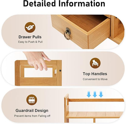 Bamboo Desk Book Shelf, Desktop Bookshelf Storage Rack with 3 Drawers, Tabletop Standing Organizer for Office, Bedroom, Dorm, Freestanding Bookcase – Wood Tone