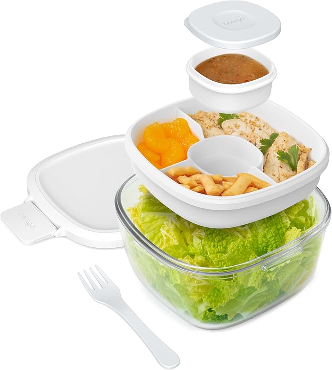 Bentgo Glass Salad Container - 7.6-Cup Salad Bowl with Airtight Lid, Leak-Proof Sauce Container, 4-Compartment Bento Tray & Reusable Fork - BPA-Free for Meal Prep, Office & More (White)