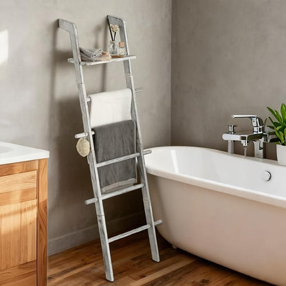 Wash White Wood Blanket Ladder with Top Shelf for the Living Room, 67in Decorative Blanket Holder, 5 Tier with Side Hooks for Hanging, Rustic Farmhouse Towel Throw Ladder Rack for Organize and Display