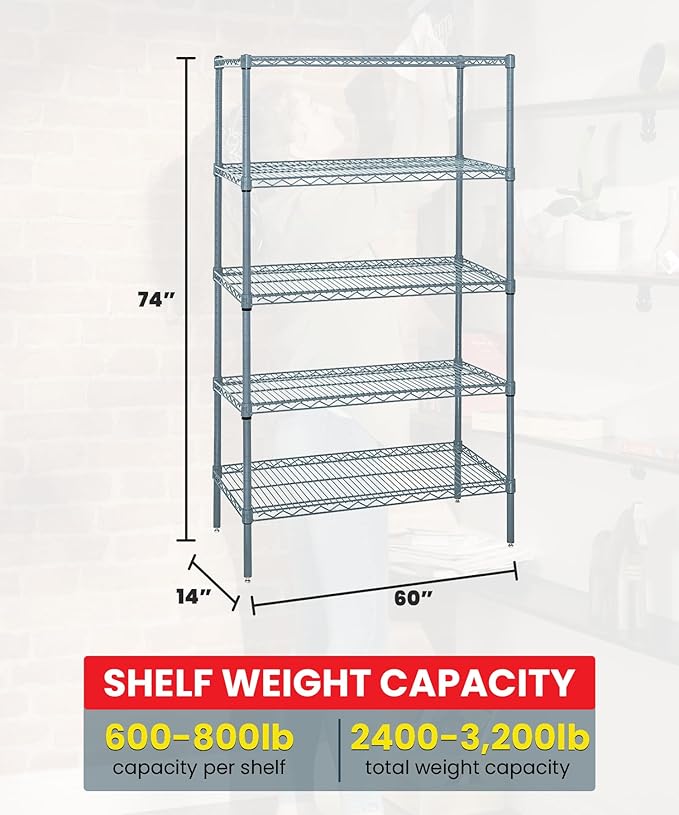 Quantum Storage Systems WR74-1460GY-5 Wire Shelving 5 Shelf Starter Units, 14" x 60" x 74", Gray Epoxy