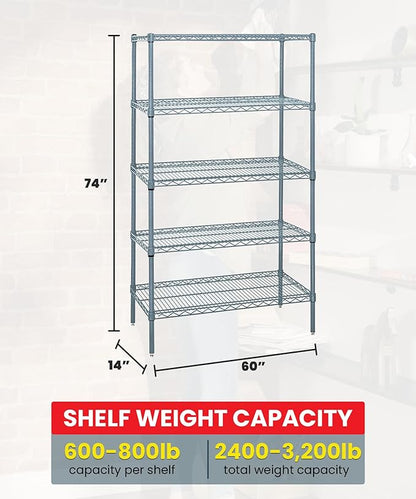 Quantum Storage Systems WR74-1460GY-5 Wire Shelving 5 Shelf Starter Units, 14" x 60" x 74", Gray Epoxy