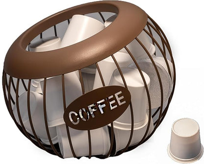 Brown Coffee Pod Holder Basket Compatible with Nespresso Vertuo & K-Cup, Metal Wire Coffee Capsule Organizer for Countertop Storage, Holds Up to 30 Vertuo Pods or 18 K Cups