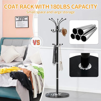 Metal Coat Rack Stand with Natural Marble Base, Modern Coat Rack Freestanding, 360°Rotary Coat Racks with 14 Hooks, Heavy Duty Coat Hall Tree Hanger Stand for Entryway, Office