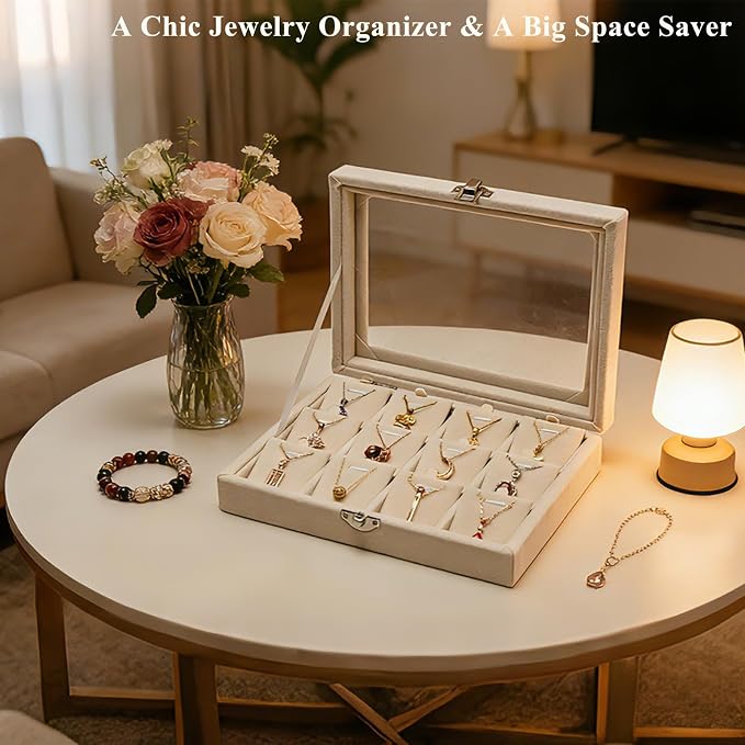 Jewelry Box Necklace Organizer Tray, Beige Necklace Display Case for Storage Jewelry Small Necklaces Display Stand 12 Slot Pendant Holder for Women