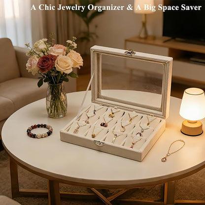 Jewelry Box Necklace Organizer Tray, Beige Necklace Display Case for Storage Jewelry Small Necklaces Display Stand 12 Slot Pendant Holder for Women