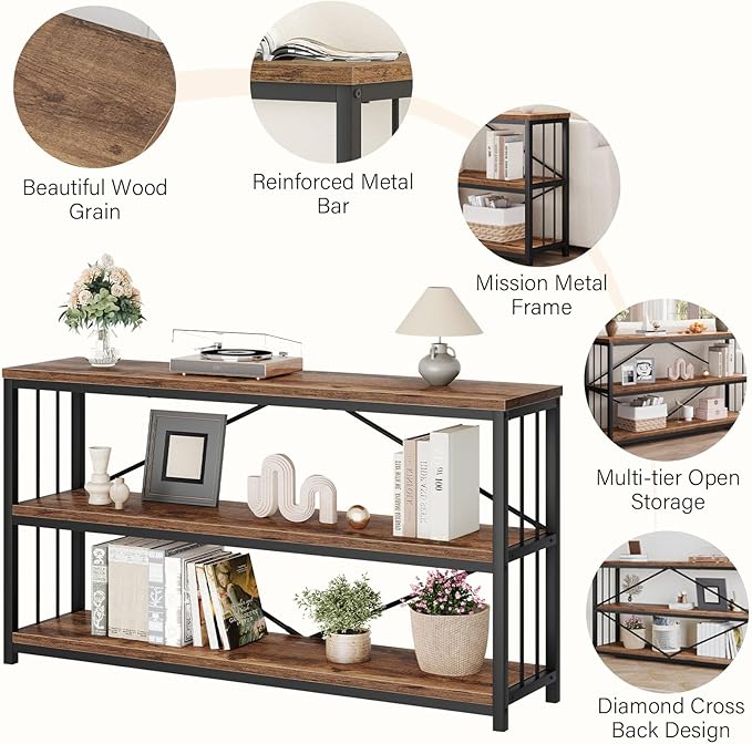 LVB Rustic 3 Tier Entryway Table, Industrial Long Wood Sofa Table Behind Couch,Farmhouse Narrow Console Table with Storage Shelf, Modern Hallway Entry Table for Foyer Living Room, Rustic Brown, 63