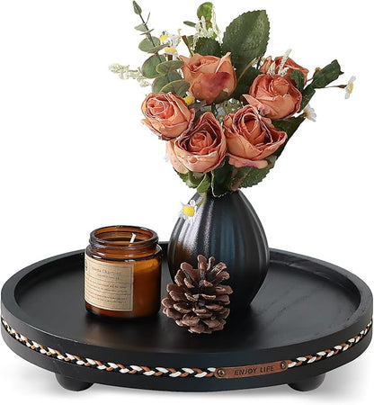 Farmhouse Decorative Round Tray, 11.81 Inch, Versatile Centerpiece Tray for Coffee Table Kitchen Living Room Bathroom, Home Decor Accent Black with Stripes