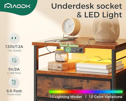 AODK Night Stand with Charging Station, End Table for Bedroom Tall Nightstand with Drawers, Small Nightstand for Bedroom, 4 Tier Storage Bedside Table, Vintage