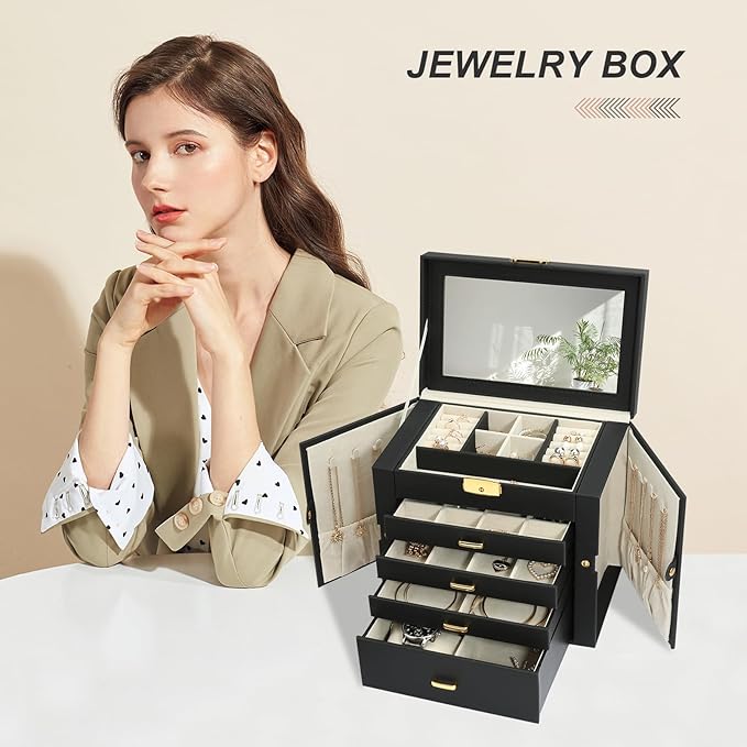 Jewelry Box for Women, 5-Layer Jewelry Organizers Box, Large Jewelry Storage Box for Girls, Jewelry Holder Organizers Gift for Valentine's Day, Christmas, New Year (Black)