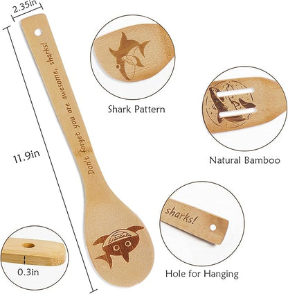 5PCS Shark Wooden Cooking Spoons Kitchen Decor Shark Gifts for Women Men Shark Lovers Birthday Gifts Party Favors Housewarming Wedding Bamboo Cooking Spoons for Everyday Use