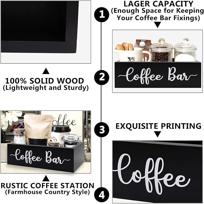 Coffee Station Organizer Coffee Bar Wood Countertop Accessories for Home Office Kitchen Countertop Organizer Condiment Station Storage Farmhouse Coffee Bar Decor 12"L x 6.6"W x 3.6"H, Black